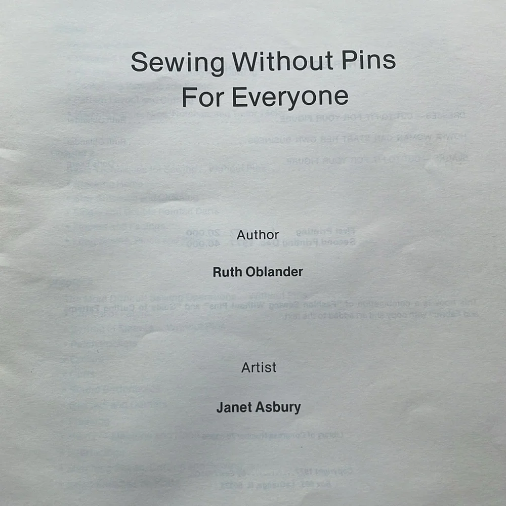 Sewing without Pins for Everyone by Ruth Oblander by Sew Fit Co. copyright 1977